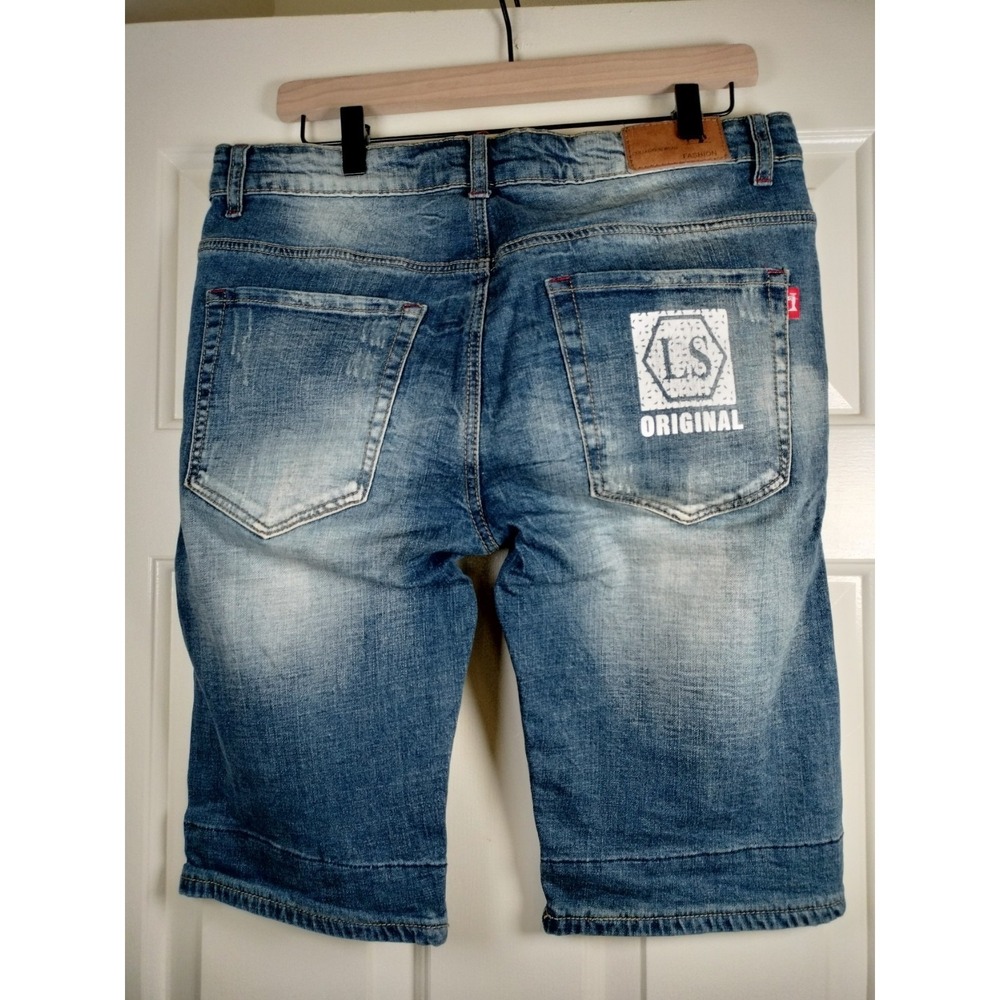 Fashion Homme Distressed Denim Shorts Size 33 Blue Acid Wash Graphic Cuff Punk - Picture 3 of 16